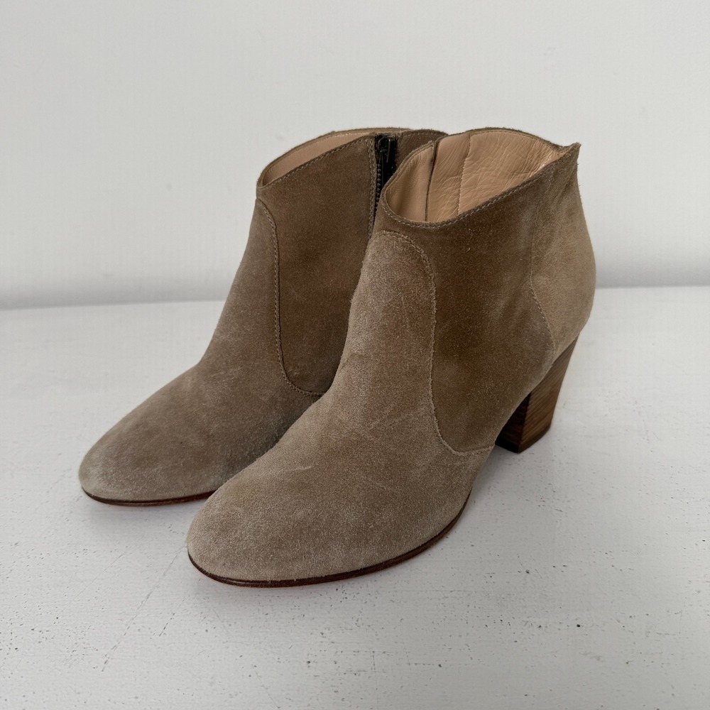 Club Monaco Women Taupe Suede Ankle Boots Made in Italy Size 37 Block Heel